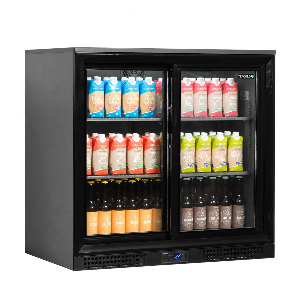 Backbar koeler premium Rent Solutions – drankpresentatie met flessen en blikken