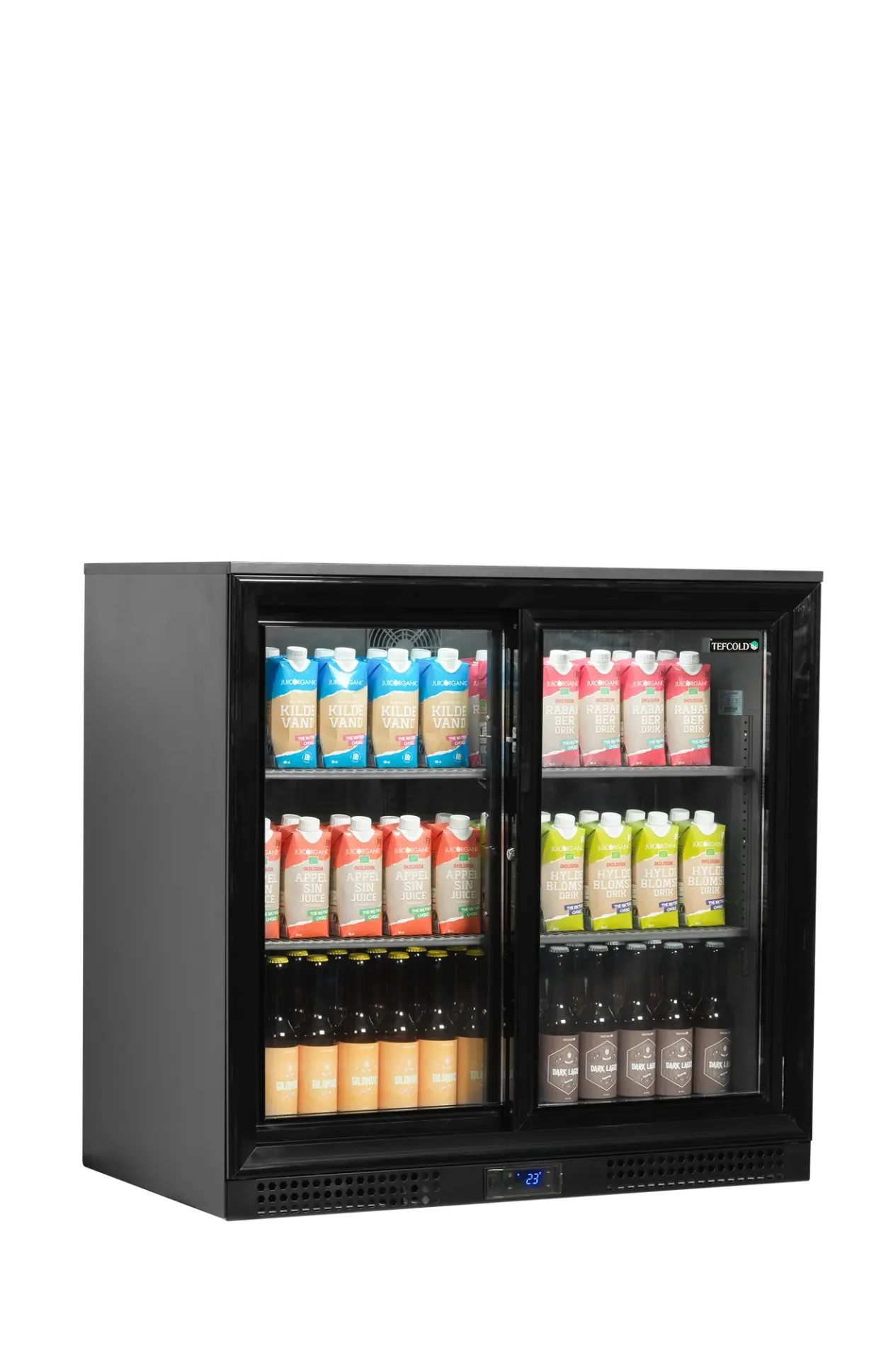 Backbar koeler premium TEFCOLD DB202S – drankpresentatie met flessen en blikken